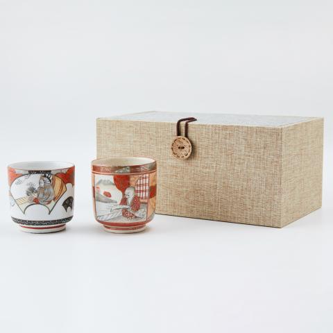 古九谷｜明治时期 古九谷赤绘描银人物风景汤吞杯2客