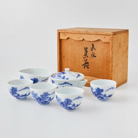 赫烽｜昭和时期 名家作手绘青花染付山水茶器组