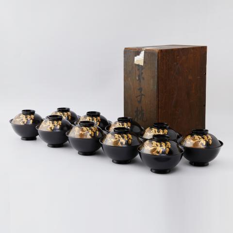 时代漆器丨明治-大正时期 木胎大漆松莳绘大漆盖碗 10客