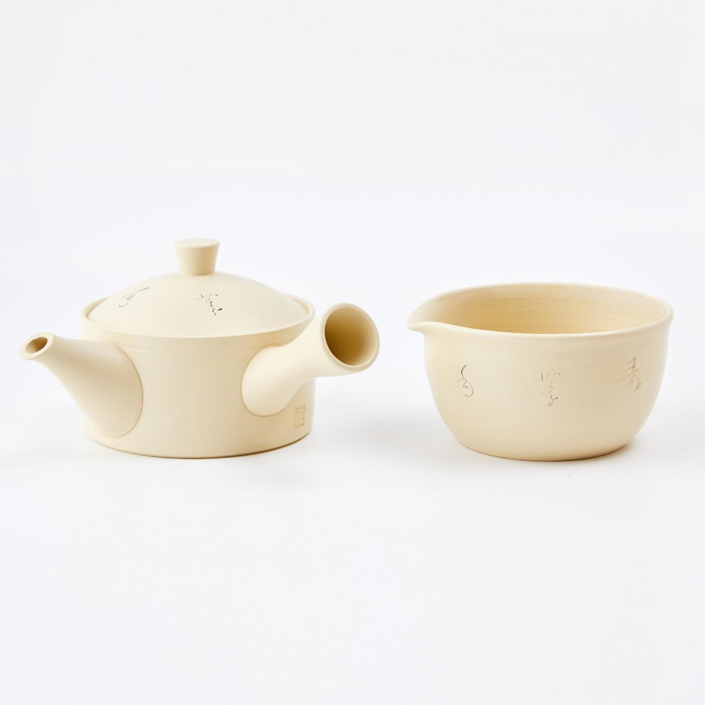 梅原广隆(玉光)|昭和时期 白泥手刻诗文常滑烧茶具套