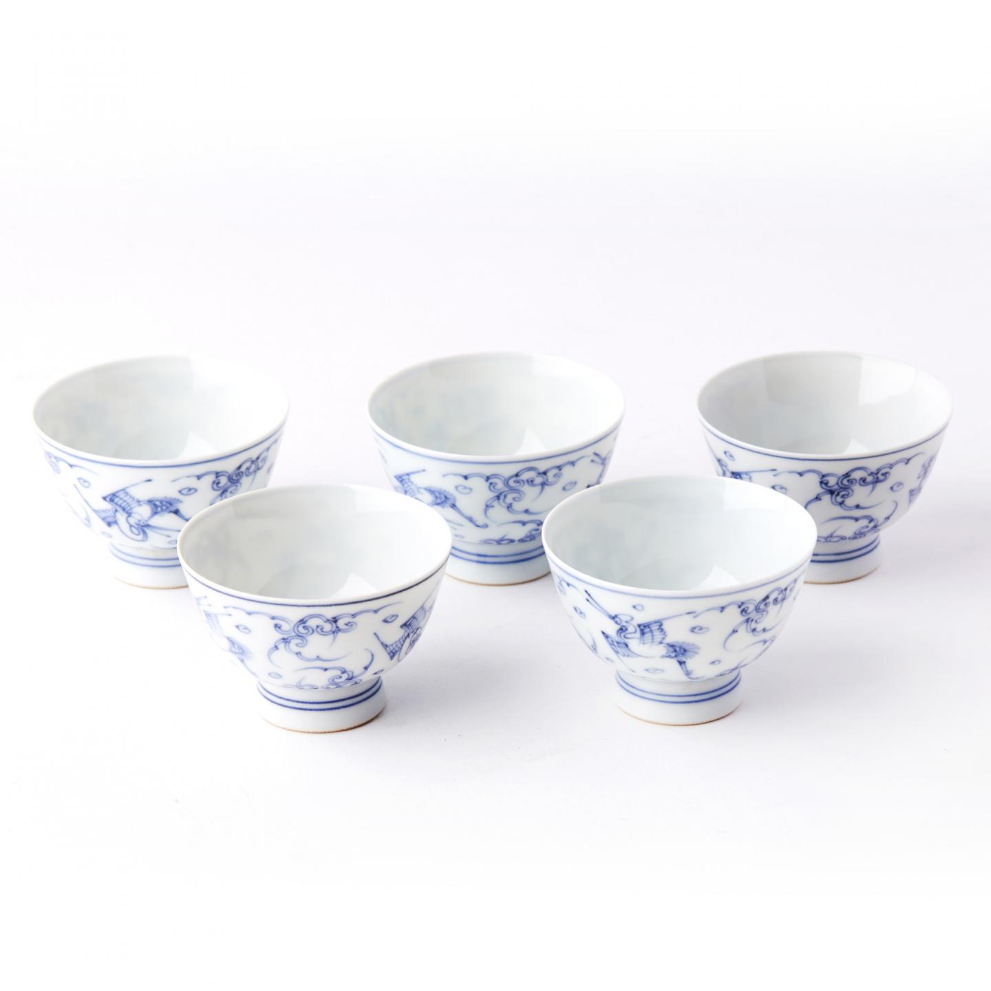 京烧巨匠三浦竹泉造|昭和时期 仿古染付云鹤文薄胎煎茶杯 5客