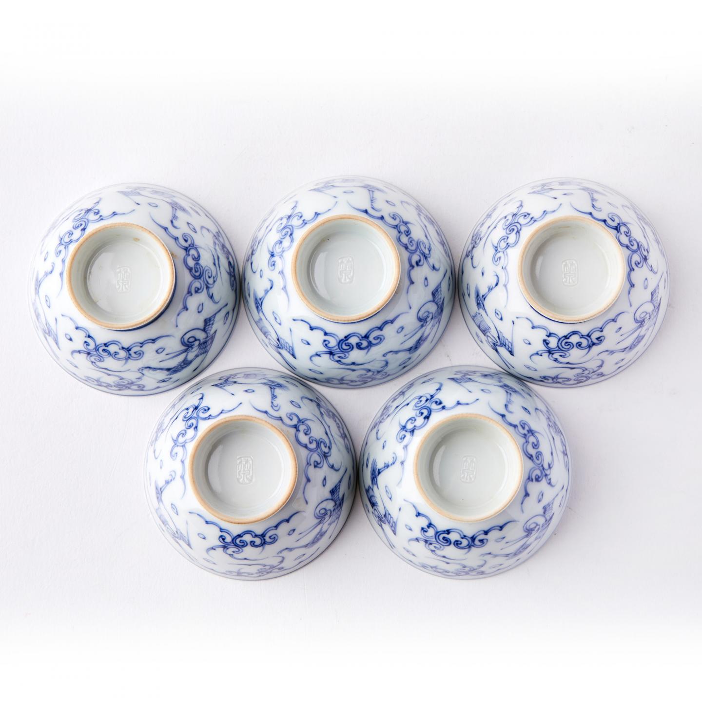 京烧巨匠三浦竹泉造|昭和时期 仿古染付云鹤文薄胎煎茶杯 5客