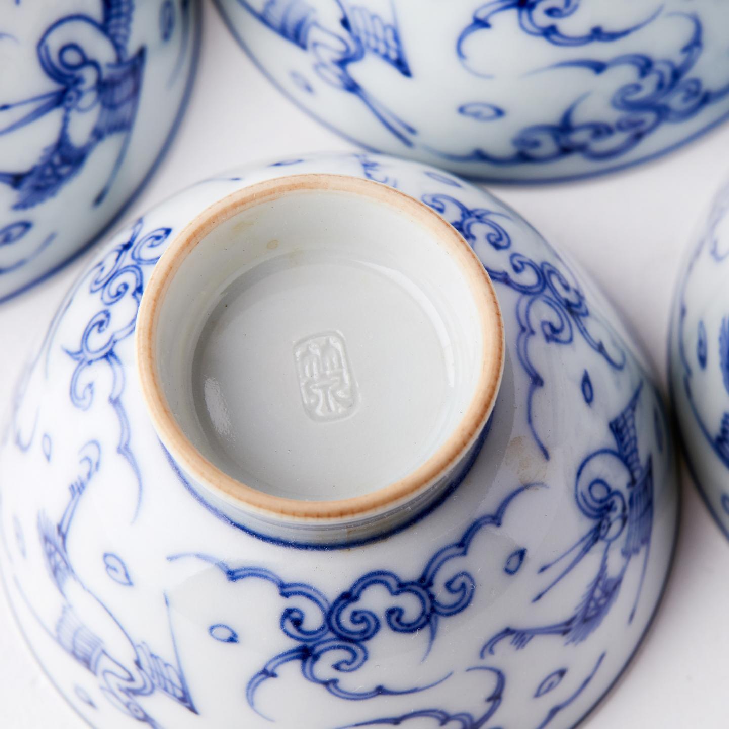 京烧巨匠三浦竹泉造|昭和时期 仿古染付云鹤文薄胎煎茶杯 5客