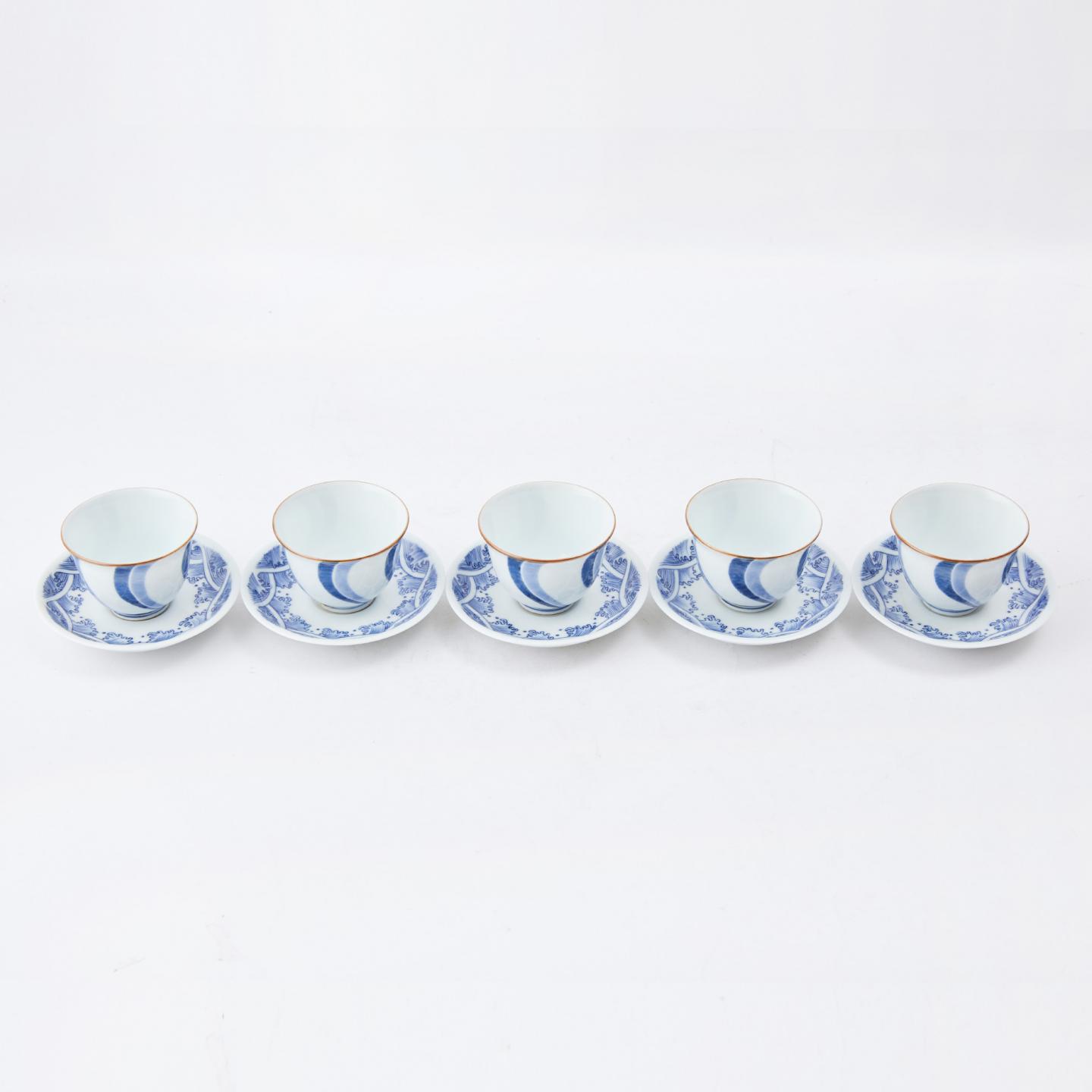 京烧名家平安京泉|昭和时期 青花捻纹主人杯 5客