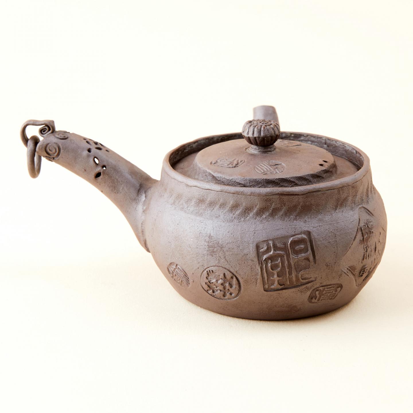 阳桐轩|昭和时期 万古烧 纯手捏游环尾镂空侧把壶