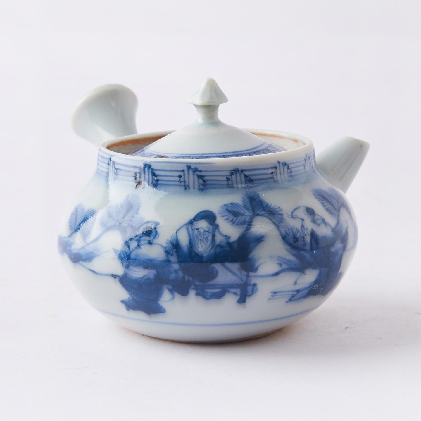 高岛文平(款)|明治时期 手绘人物青花侧把壶