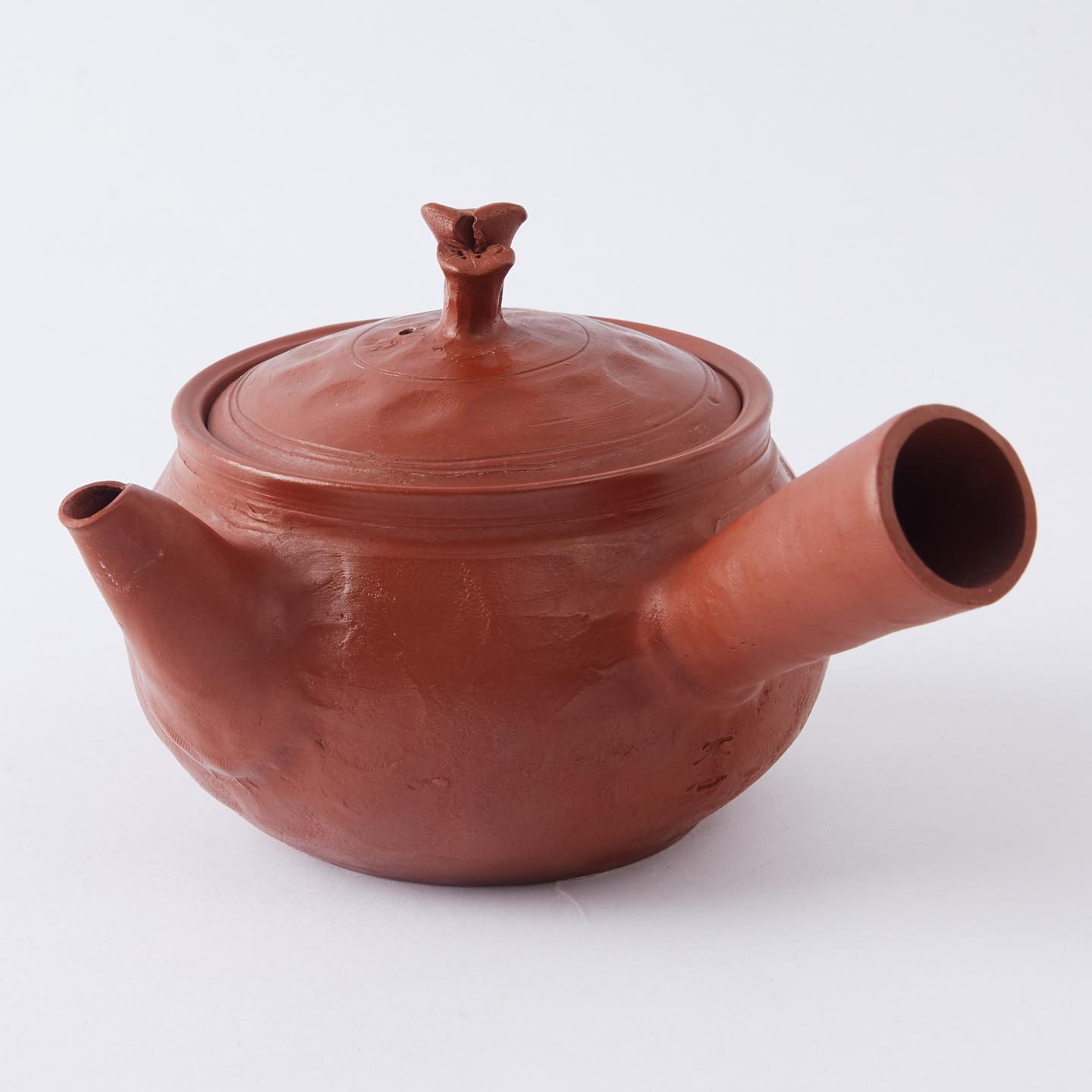 伊藤不老｜昭和时期 手捏常滑烧浮雕梅花灵芝摘侧把壶