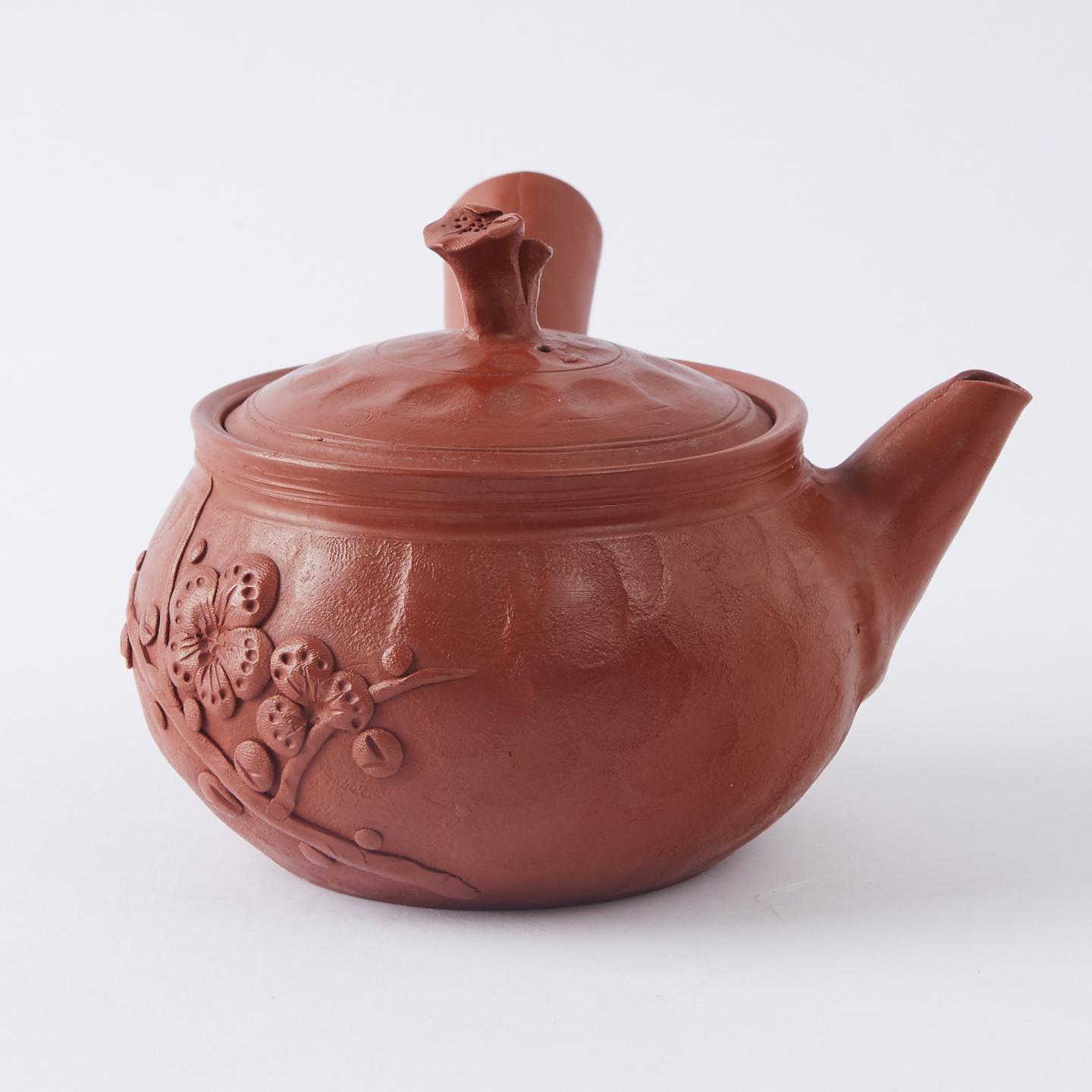 伊藤不老｜昭和时期 手捏常滑烧浮雕梅花灵芝摘侧把壶