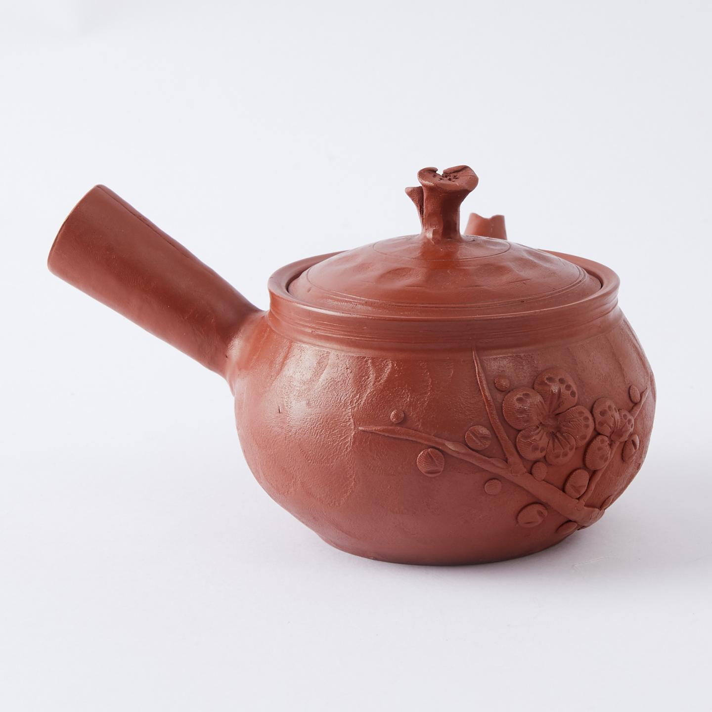 伊藤不老｜昭和时期 手捏常滑烧浮雕梅花灵芝摘侧把壶