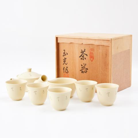 梅原广隆（玉光）｜昭和时期 白泥手刻诗文常滑烧茶具套