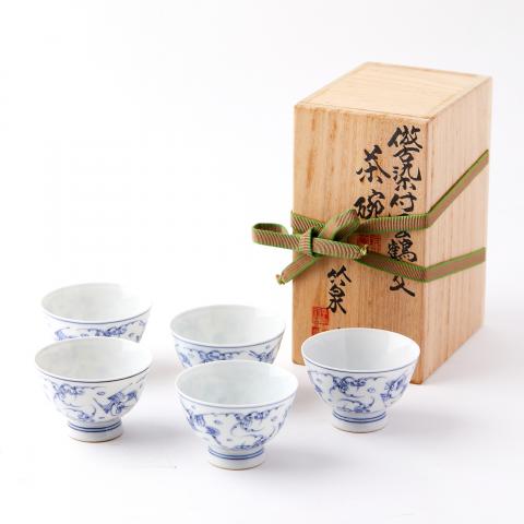 京烧巨匠三浦竹泉造｜昭和时期 仿古染付云鹤文薄胎煎茶杯 5客