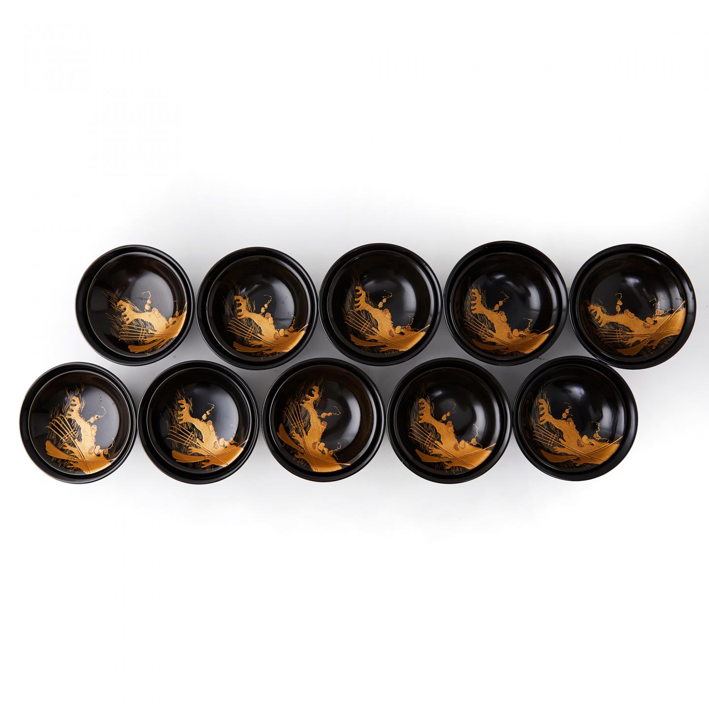 时代漆器|大正时期 内外厚肉金莳绘松文盖碗10客