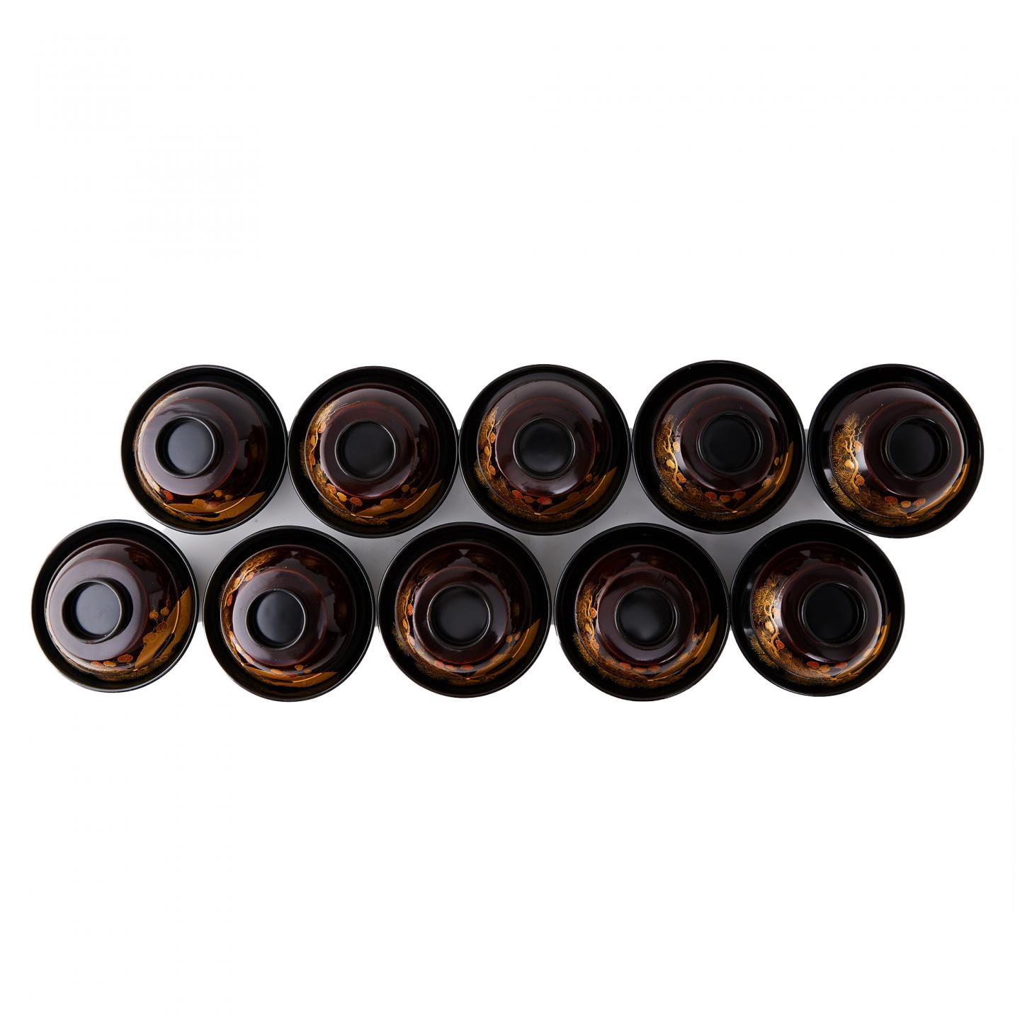 时代漆器|大正时期 内外厚肉金莳绘松文盖碗10客