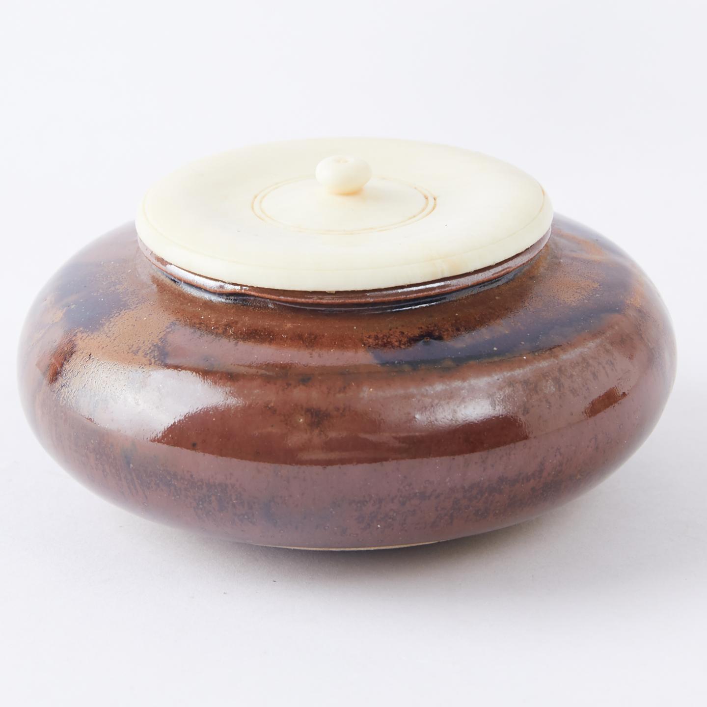 木二作|昭和时期 濑户烧中海茶入(「花鸟」文西阵织)