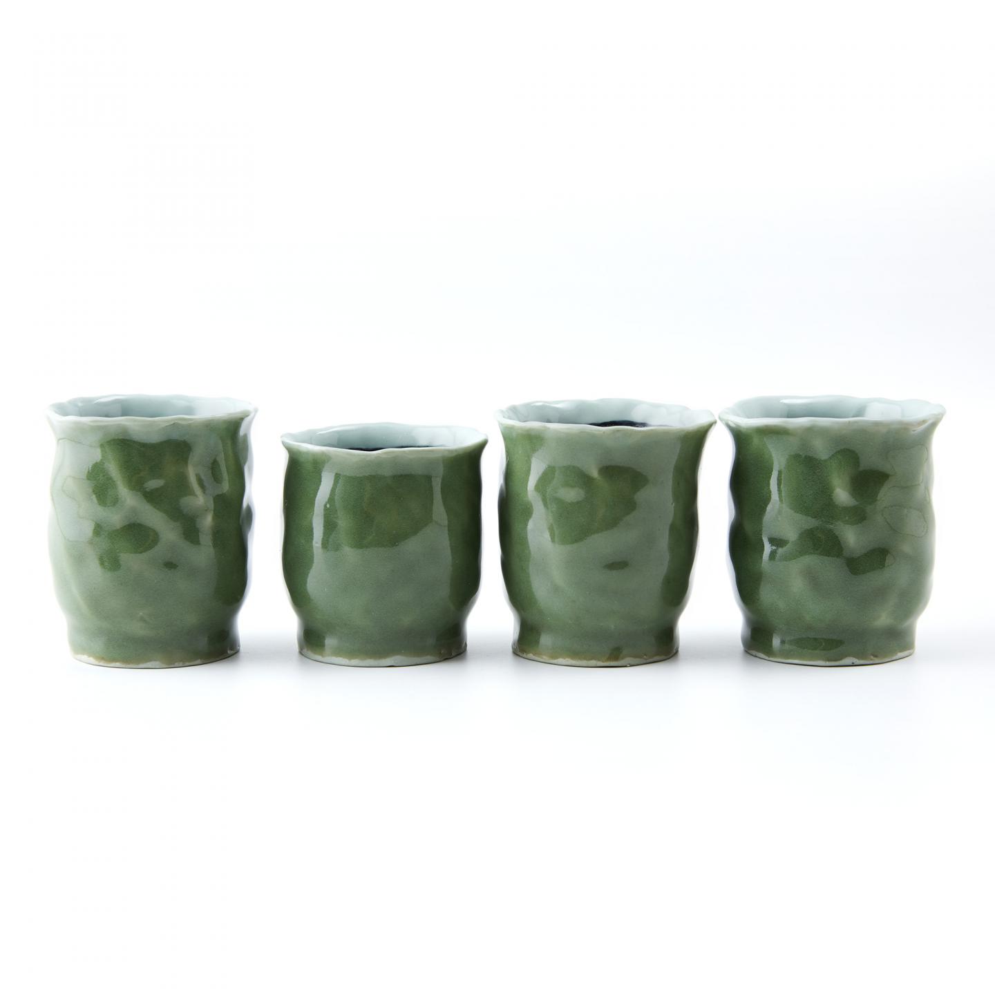 静山作｜昭和时期 本手作纯手捏青瓷汤吞 4客