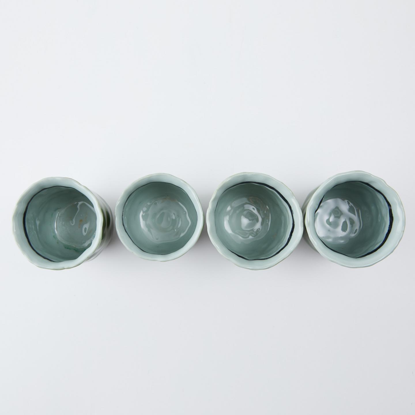 静山作｜昭和时期 本手作纯手捏青瓷汤吞 4客