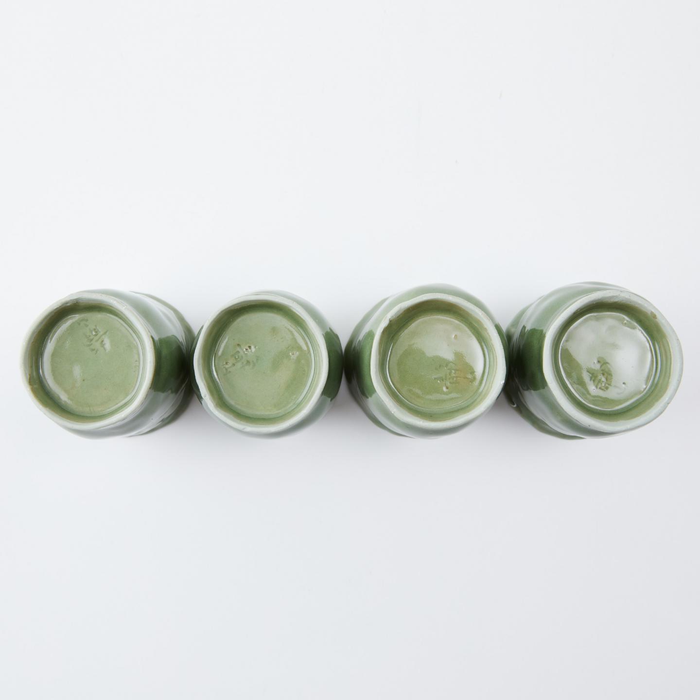 静山作｜昭和时期 本手作纯手捏青瓷汤吞 4客