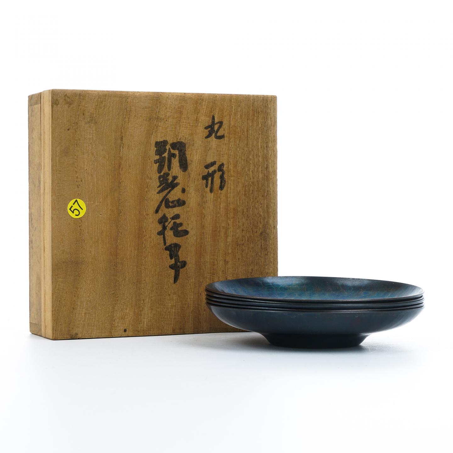 昭和时期｜玉川堂鎚起铜器茶托 5枚组 附共箱