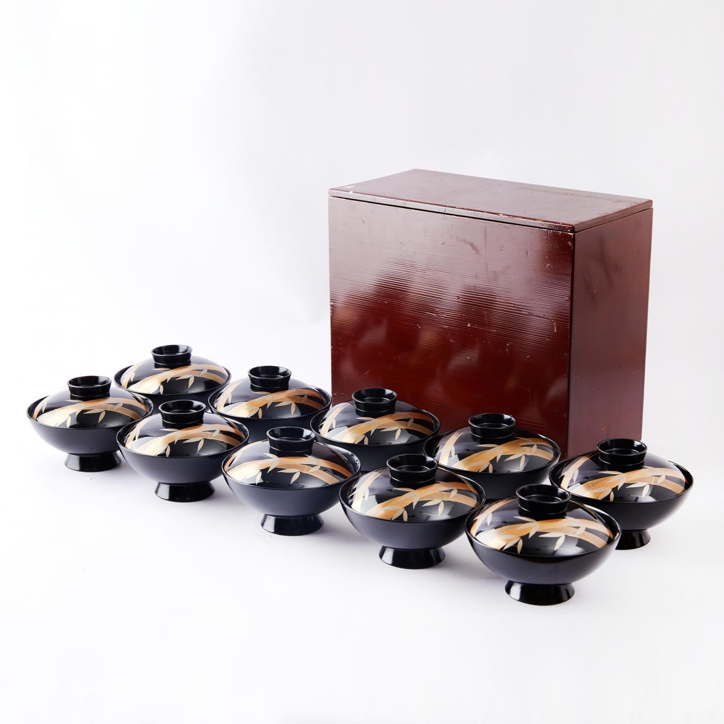 时代漆器|大正时期 木胎大漆金莳绘竹文吸物碗10客