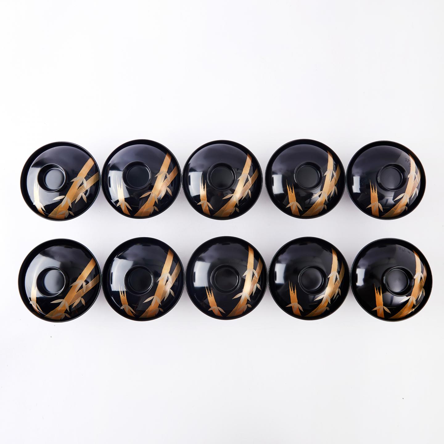 时代漆器|大正时期 木胎大漆金莳绘竹文吸物碗10客