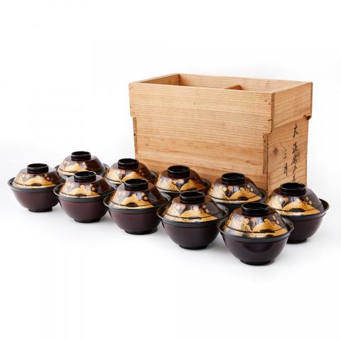 时代漆器｜大正时期 内外厚肉金莳绘松文盖碗10客