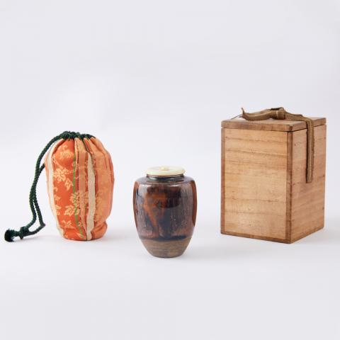 明治-昭和时期 古濑户肩冲形流釉窑变茶入