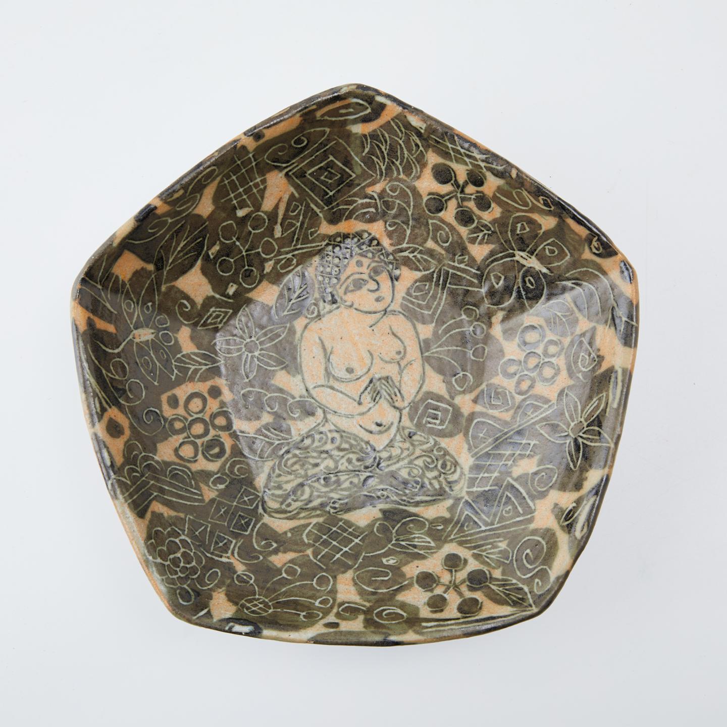 仓见日出克｜昭和时期 美浓黑釉刻绘观世音钵