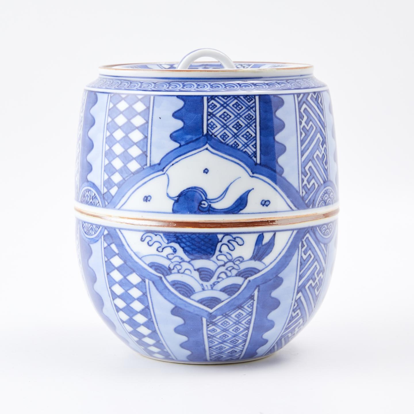 平安春峰|昭和时期 京烧大师满绘青花鲤鱼纹水指