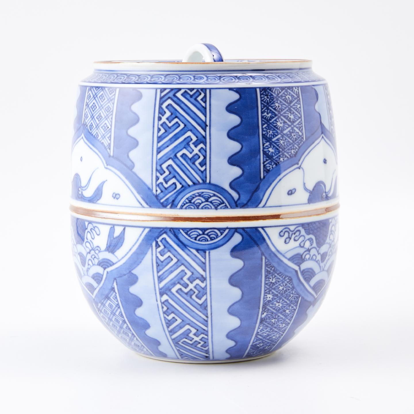 平安春峰|昭和时期 京烧大师满绘青花鲤鱼纹水指