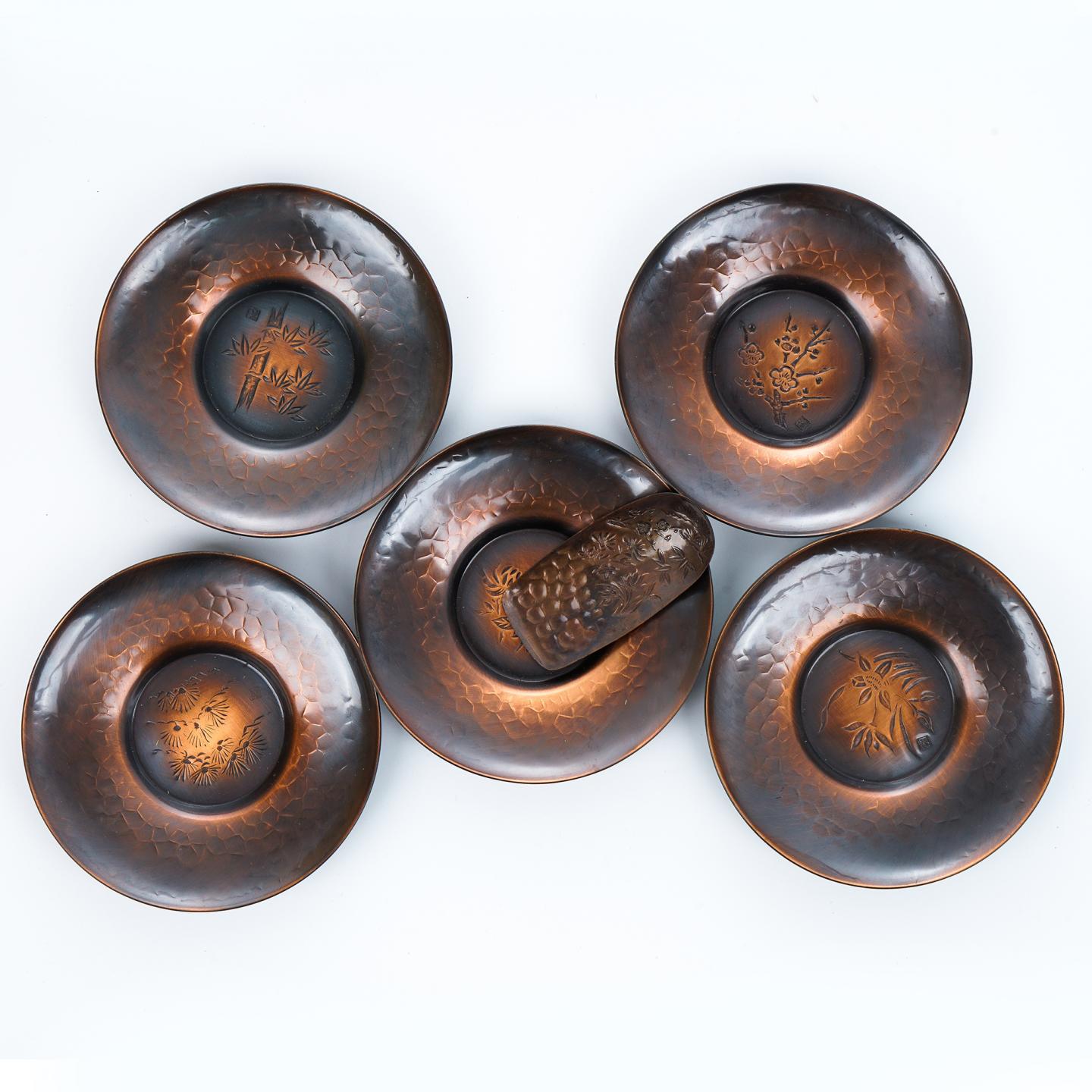 昭和时期｜纯铜制茶托茶箕一套 6件带盒