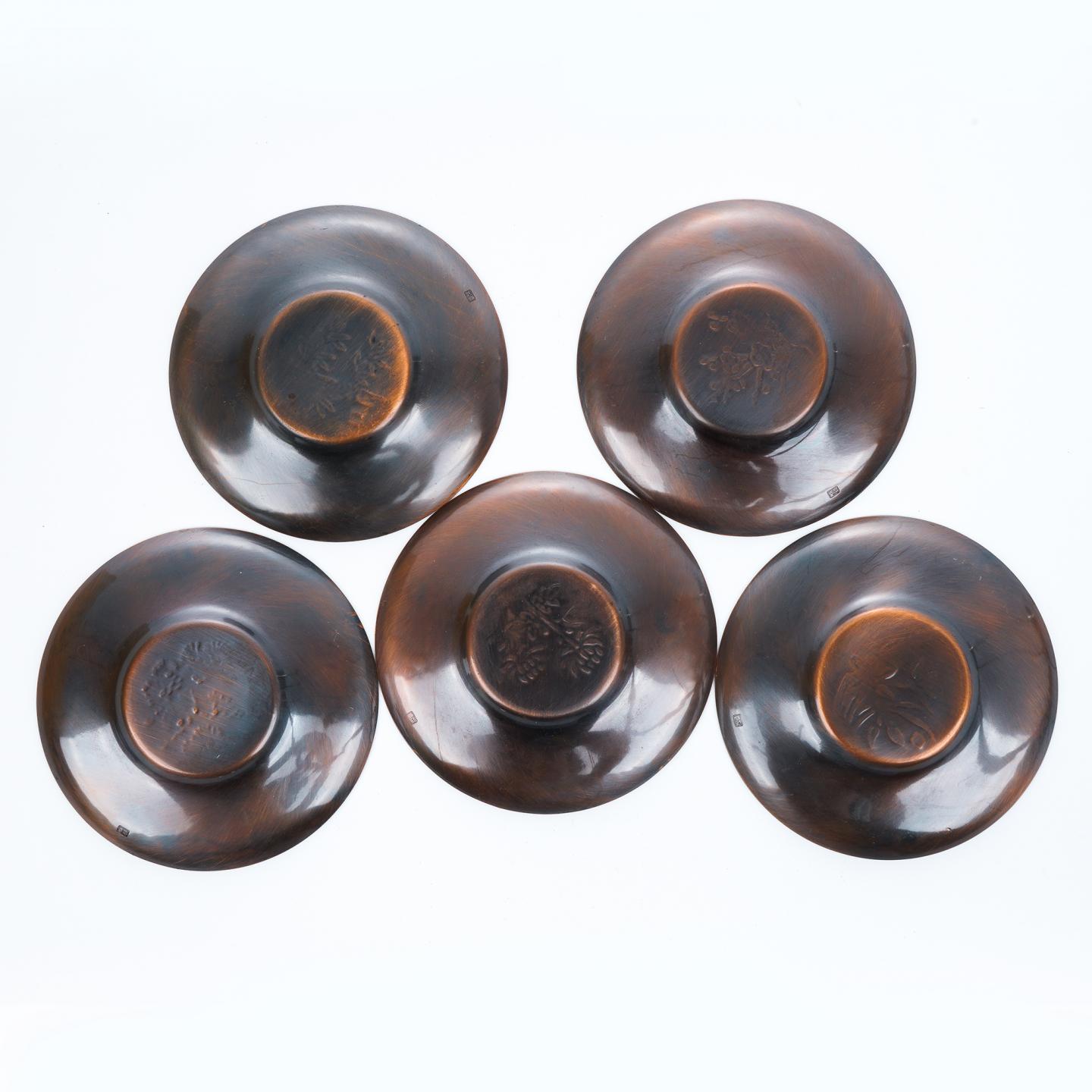 昭和时期｜纯铜制茶托茶箕一套 6件带盒