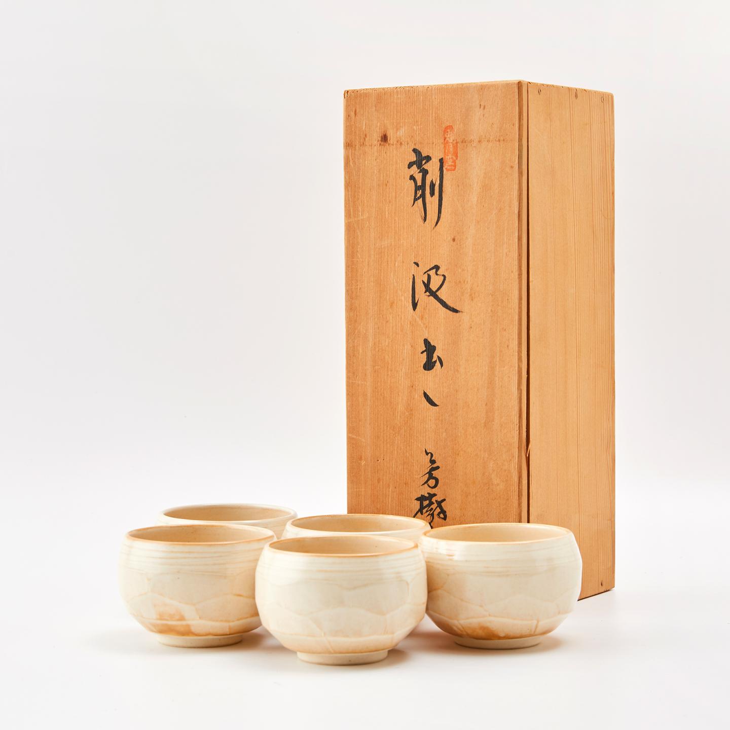 杉浦芳树｜昭和时期 刀削白釉茶碗5客