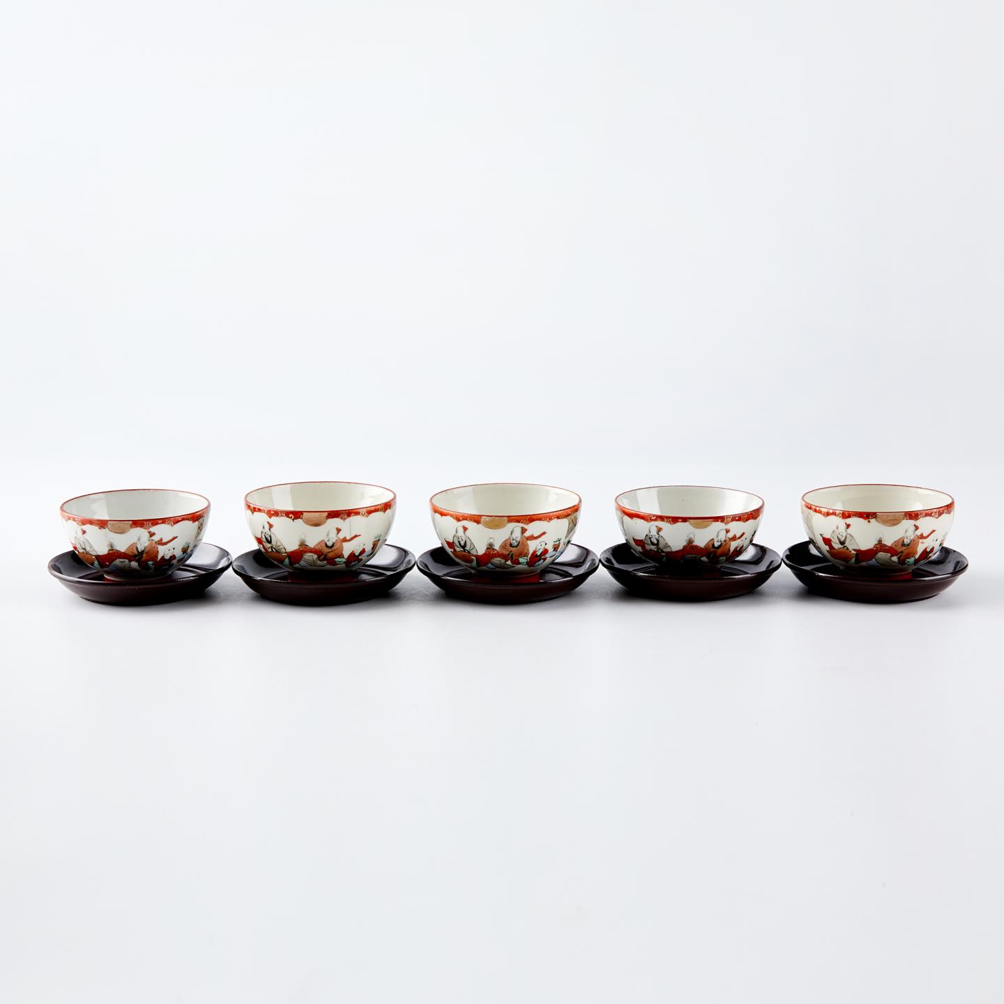 古九谷 | 明治时期赤绘风景煮茶画片5客杯