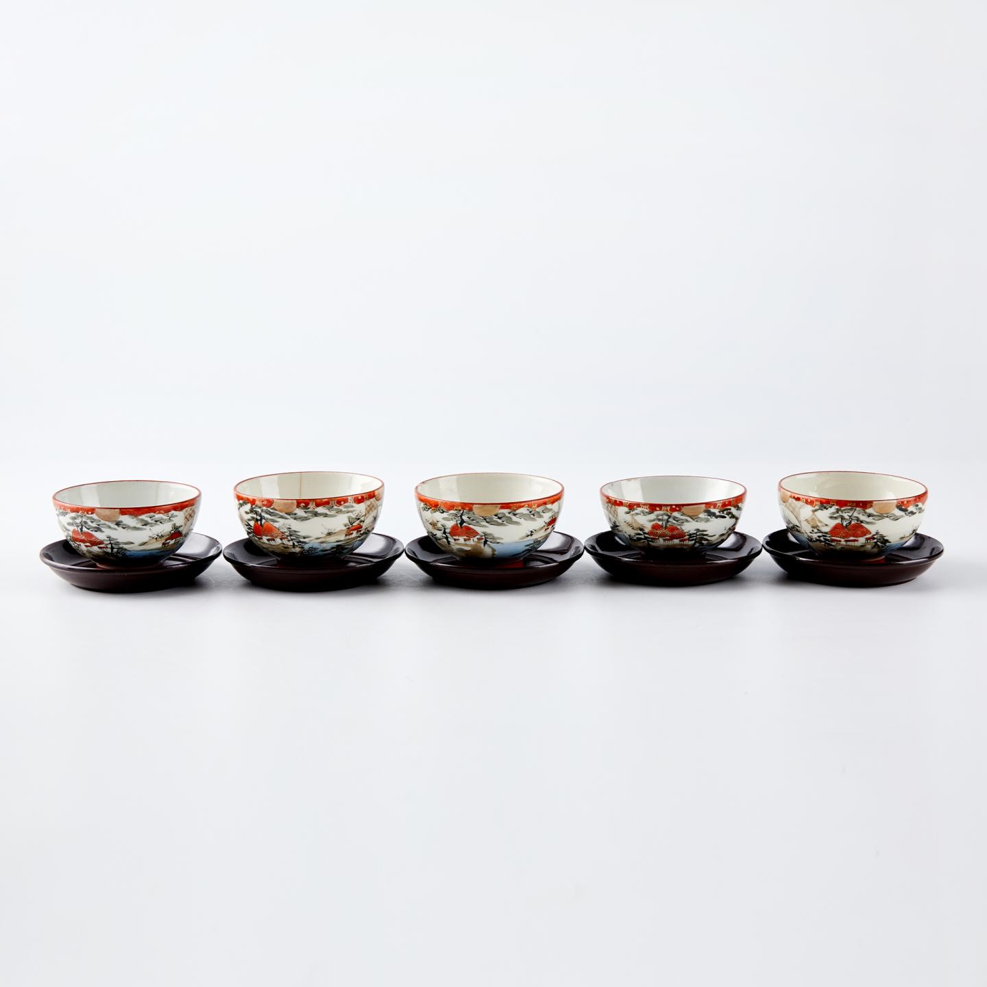 古九谷 | 明治时期赤绘风景煮茶画片5客杯
