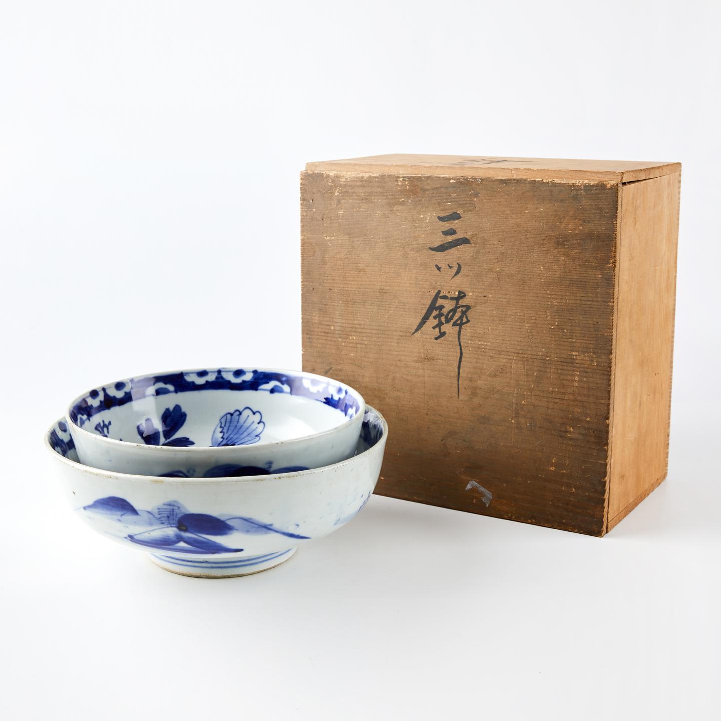 江户时期 | 青花古染付绘花鸟纹钵两客