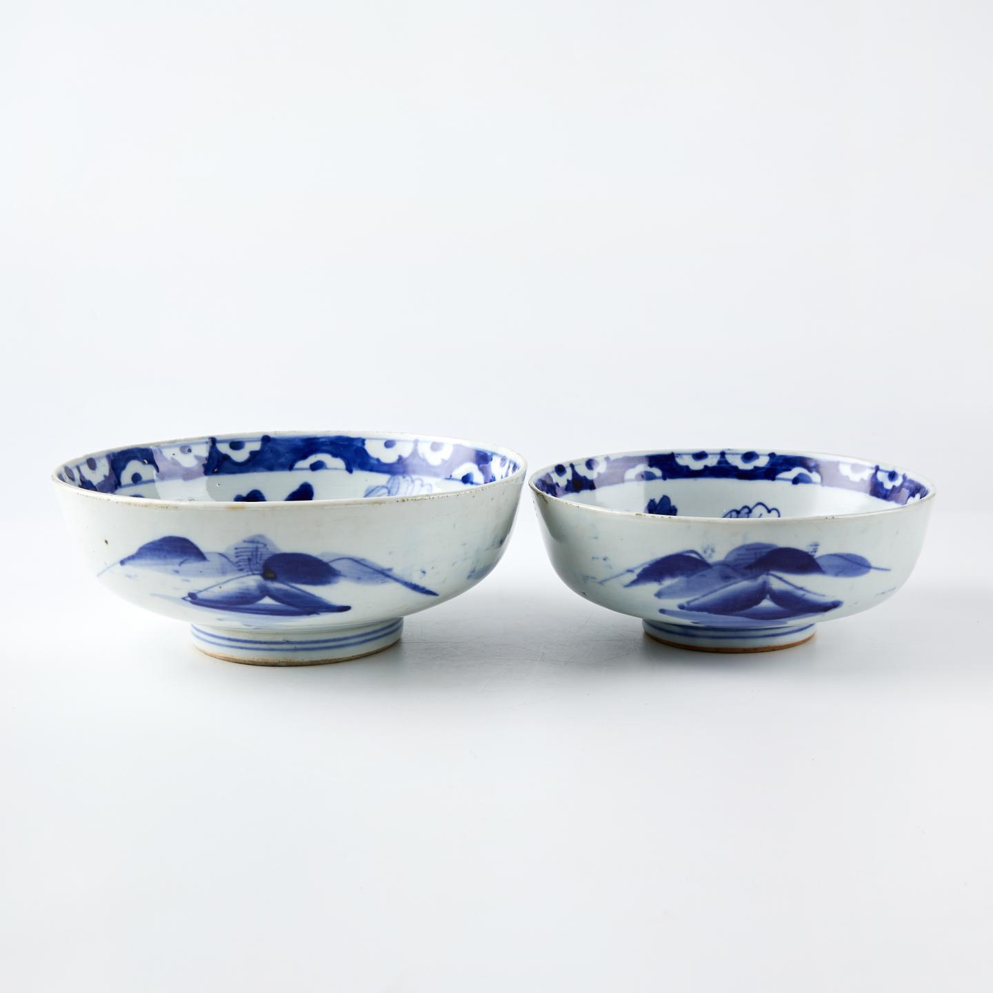 江户时期 | 青花古染付绘花鸟纹钵两客