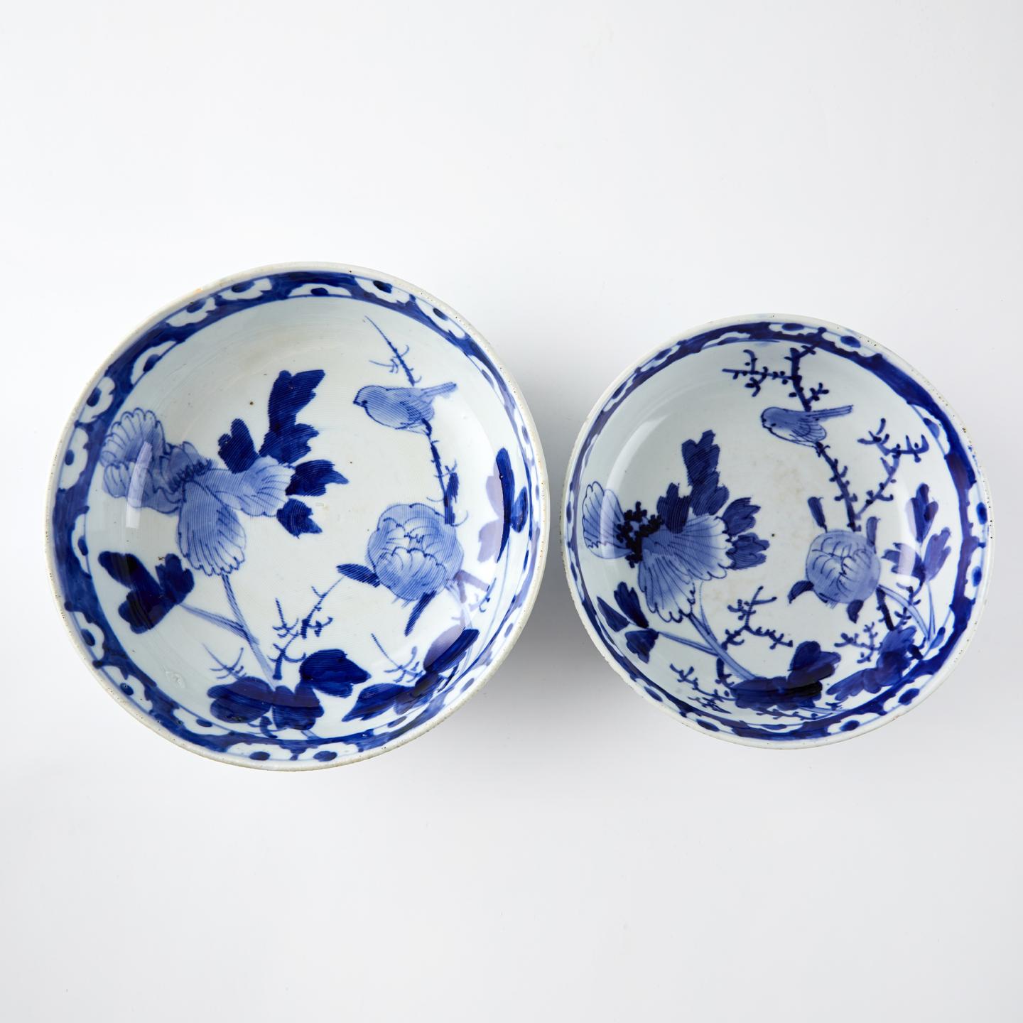 江户时期 | 青花古染付绘花鸟纹钵两客