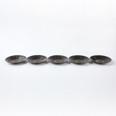 福寿｜昭和时期 铸铜茶托5客（铭福如东海 寿比南山）