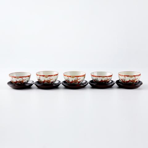 古九谷 | 明治时期赤绘风景煮茶画片5客杯