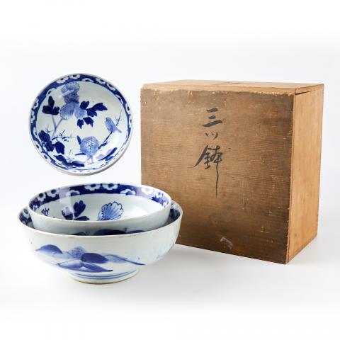江户时期 | 青花古染付绘花鸟纹钵两客