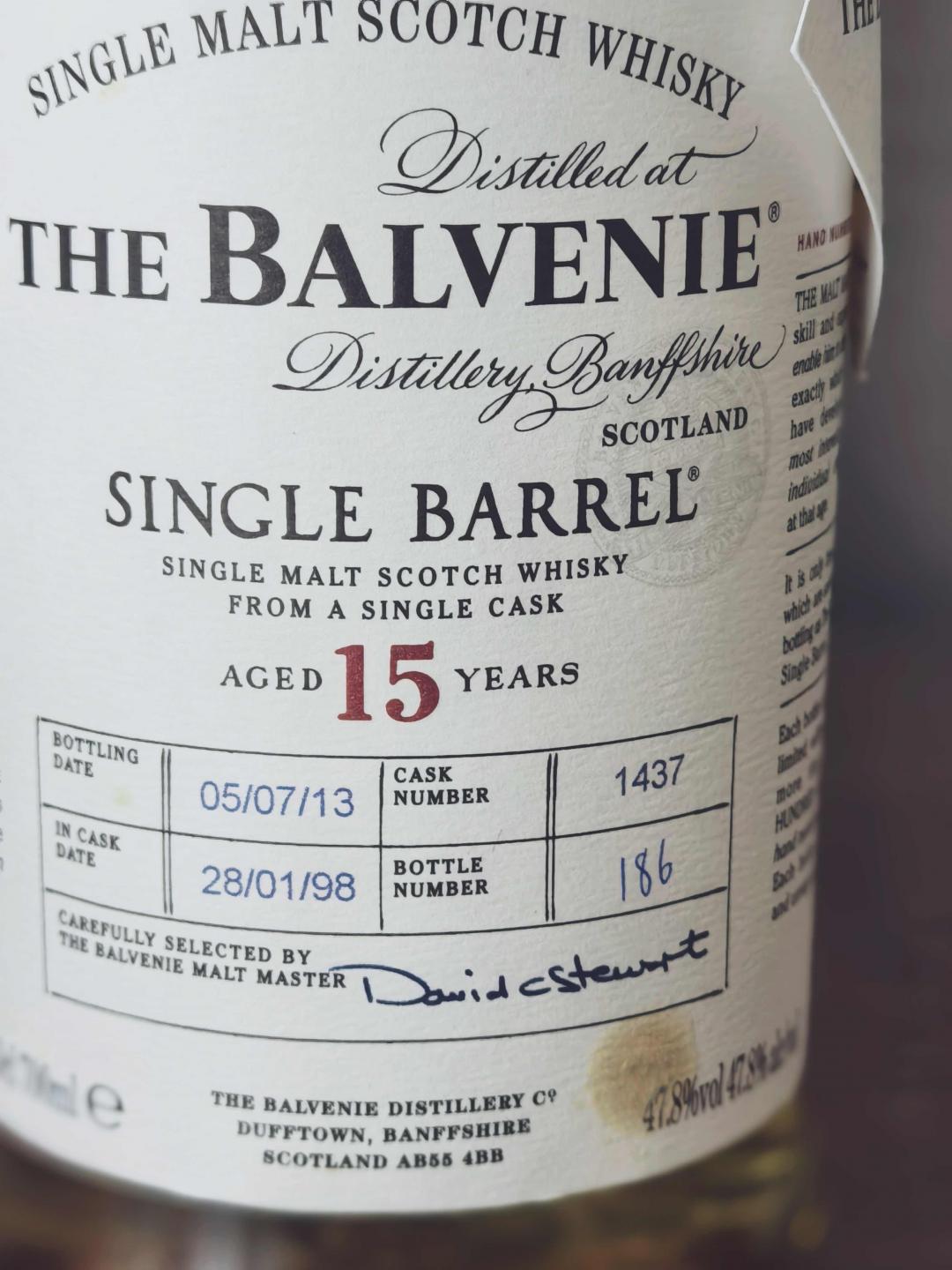 Balvenie百富15年1998-2013单桶手工装桶 签名版#1437 到付