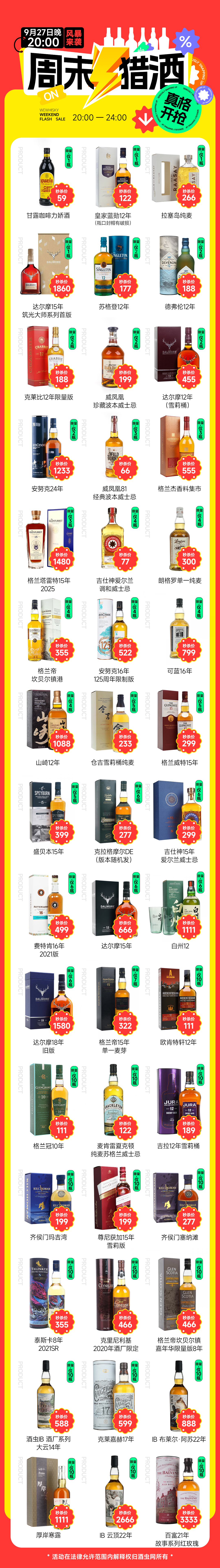 燃！达尔摩15年666（6瓶）/山崎12年1088（4瓶）/安努克24年1233（2瓶）/9月27日8点开抢！